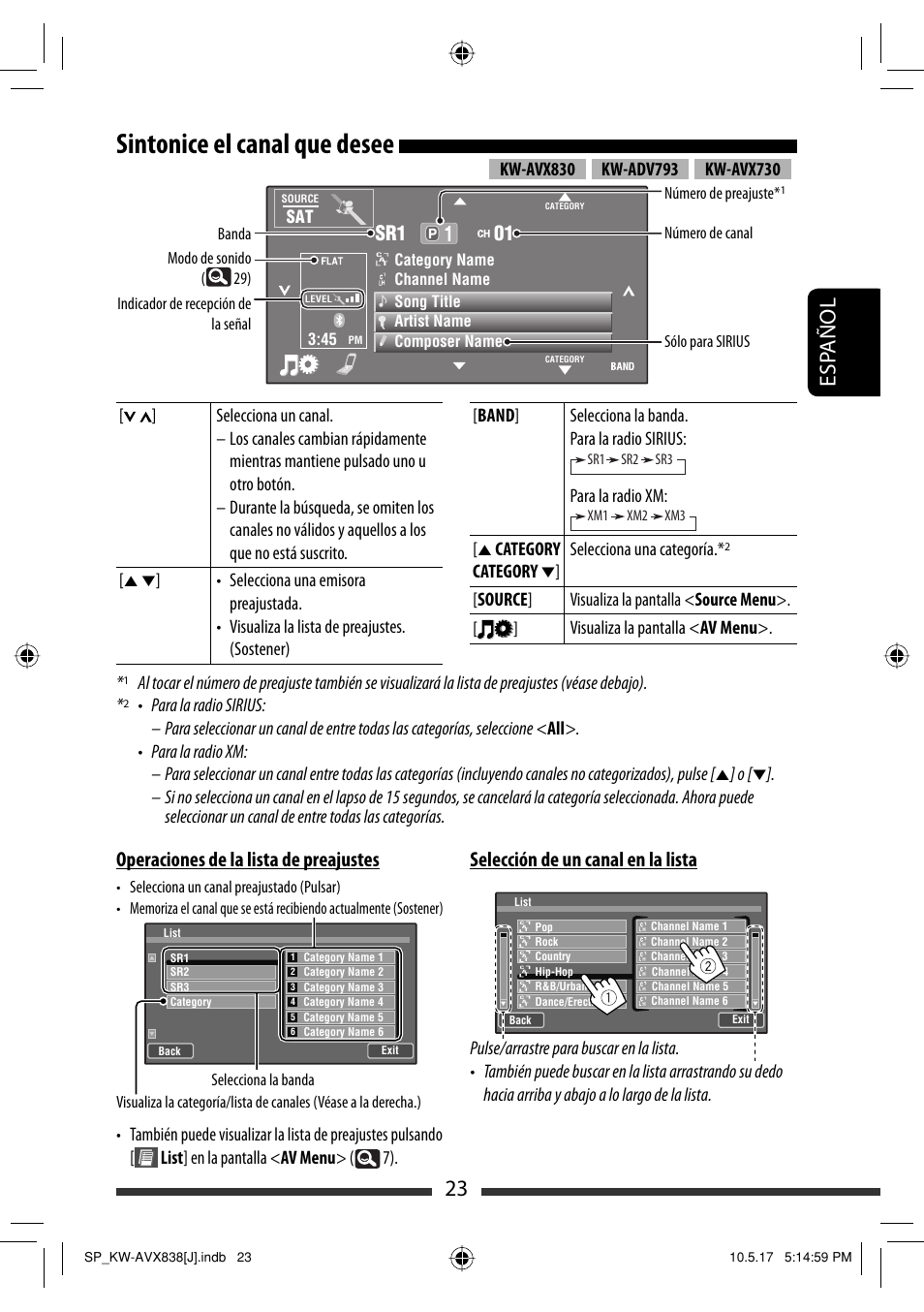 Sintonice el canal que desee, 23 esp añol, Operaciones de la lista de preajustes | Selección de un canal en la lista, Sr1 01, Para la radio xm, Category, Selecciona una categoría | JVC LVT2086-001B User Manual | Page 93 / 147