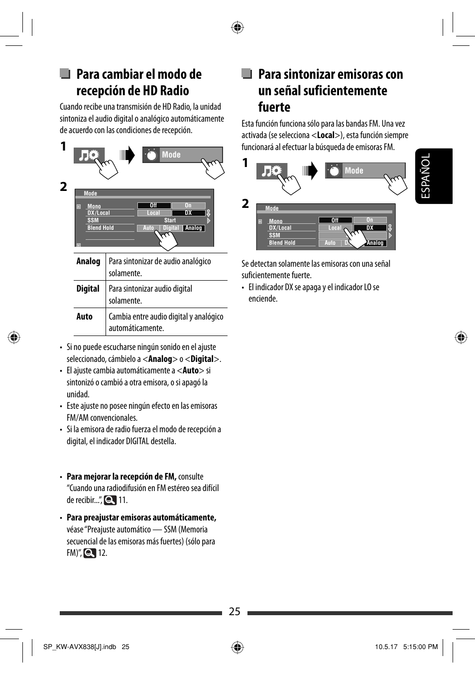 Para cambiar el modo de recepción de hd radio, 25 esp añol | JVC LVT2086-001B User Manual | Page 95 / 147