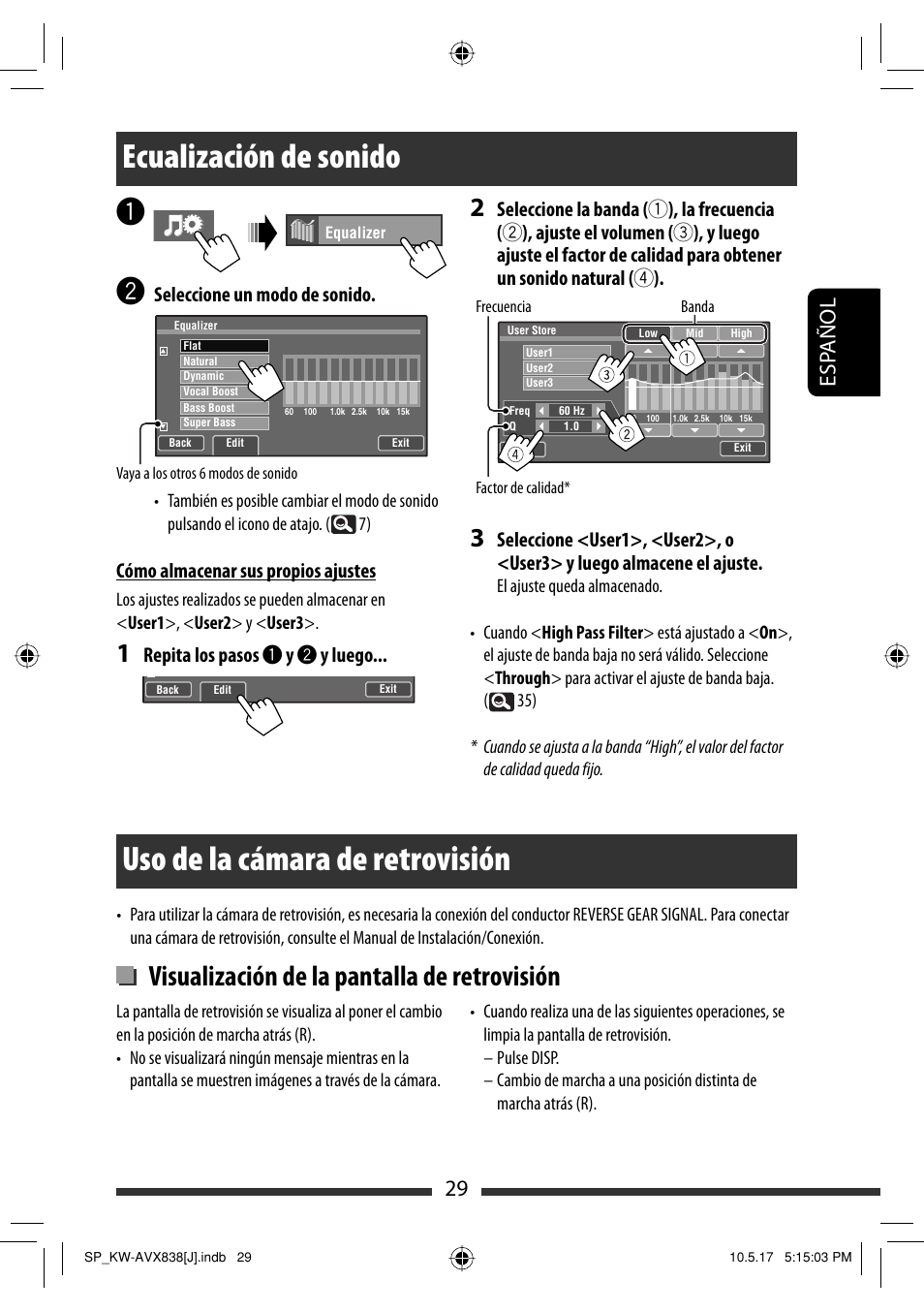 Ecualización de sonido, Uso de la cámara de retrovisión, Visualización de la pantalla de retrovisión | 29 esp añol, Seleccione un modo de sonido, Cómo almacenar sus propios ajustes, Repita los pasos ~ y ÿ y luego | JVC LVT2086-001B User Manual | Page 99 / 147