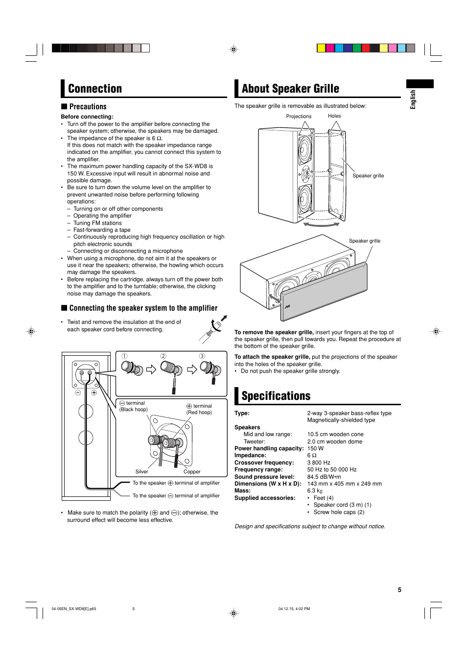 Connection, About speaker grille, Specifications | JVC LVT1293-002A User Manual | Page 5 / 6