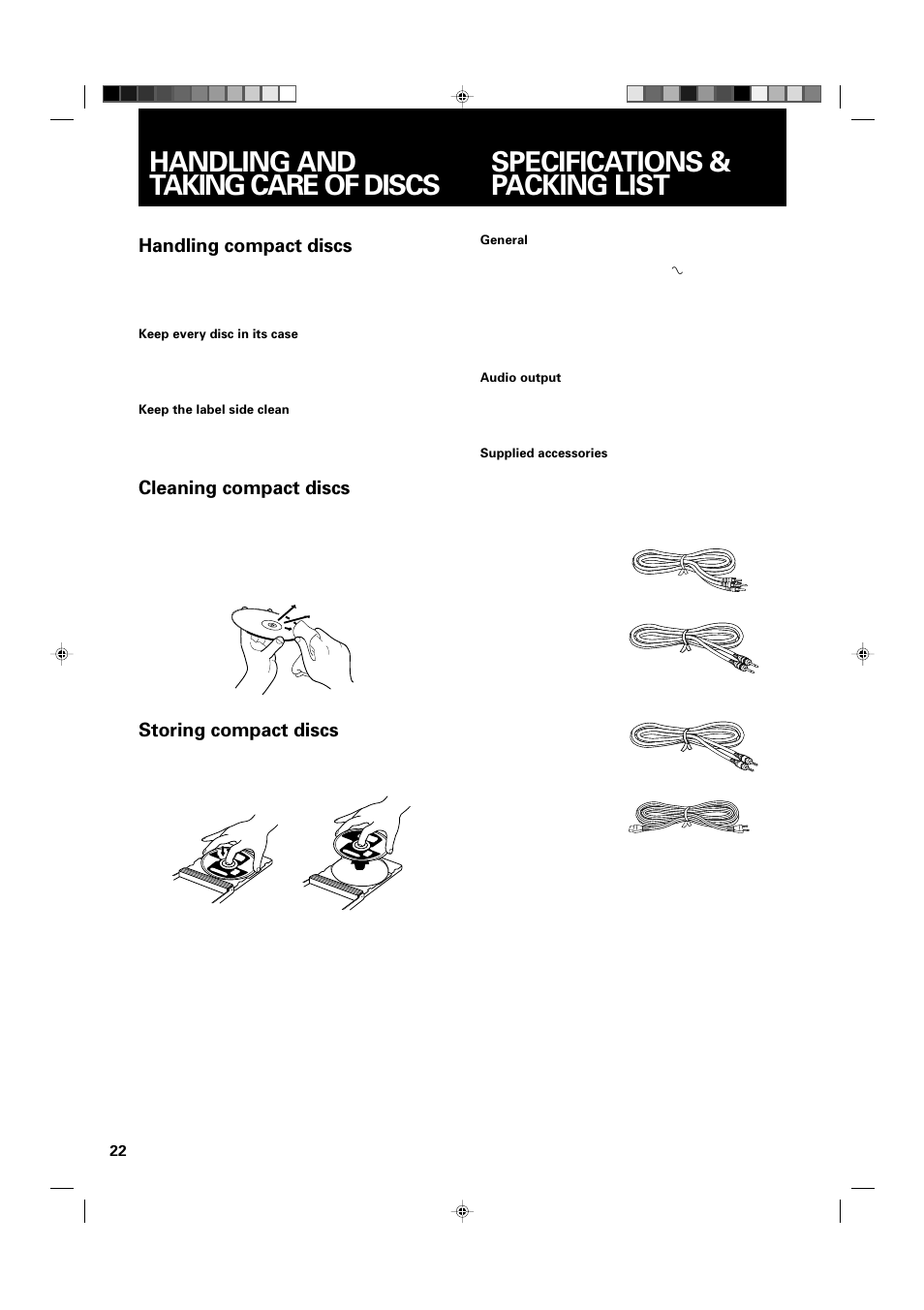 Specs, Specifications & packing list, Handling and taking care of discs | Handling compact discs, Cleaning compact discs, Storing compact discs | JVC XL-MC334BK User Manual | Page 24 / 28