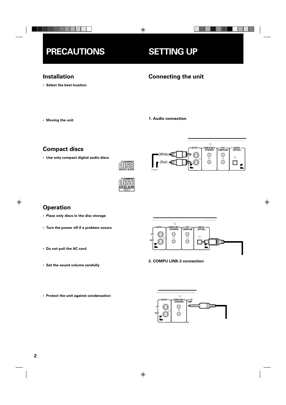 Precautions setting up, Installation, Compact discs | Operation, Connecting the unit | JVC XL-MC334BK User Manual | Page 4 / 28