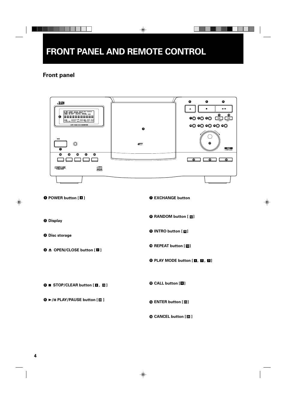Front panel, Front panel and remote control, Power button | Display, Disc storage, 0 open/close button, 7 stop/clear button, 3 / 8 play/pause button, Exchange button, Random button | JVC XL-MC334BK User Manual | Page 6 / 28