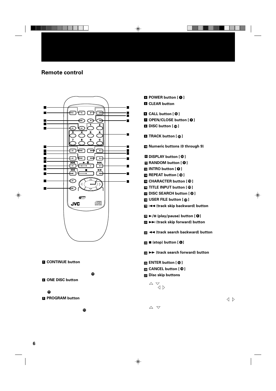 Remote, Remote control, Power button | Clear button, Call button, Open/close button, Disc button, Track button, Numeric buttons (0 through 9), Display button | JVC XL-MC334BK User Manual | Page 8 / 28
