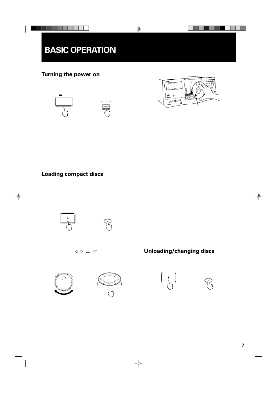 Basic operation, Turning the power on, Unloading/changing discs | Loading compact discs | JVC XL-MC334BK User Manual | Page 9 / 28