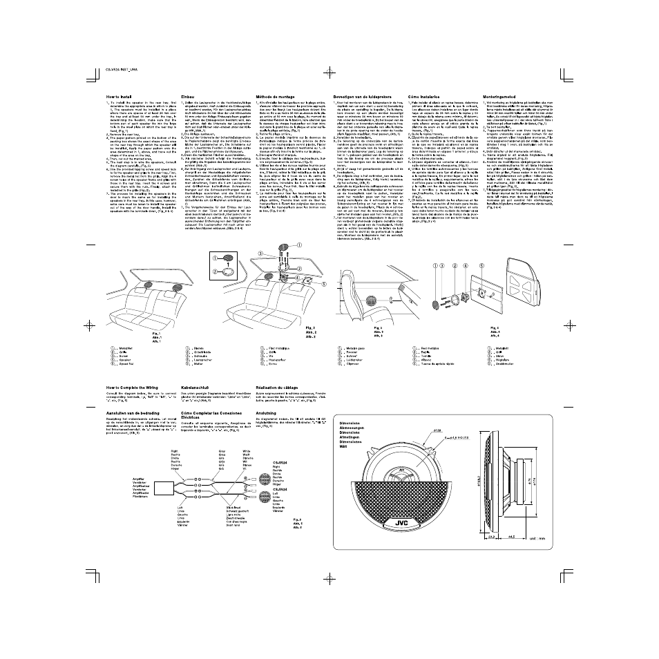 How to install, Einbau, Méthode de montage | Bevestigen van de luidsprekers, Cómo instalarlos, Monteringsmetod, How to complete the wiring, Kabelanschluß, Réalisation du câblage, Aansluiten van de bedrading | JVC CS-V524 User Manual | Page 2 / 2