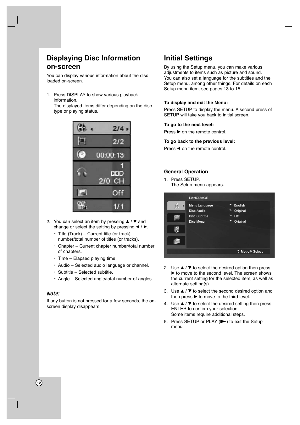 Displaying disc information on-screen, Initial settings | JVC XV-N650B User Manual | Page 12 / 28