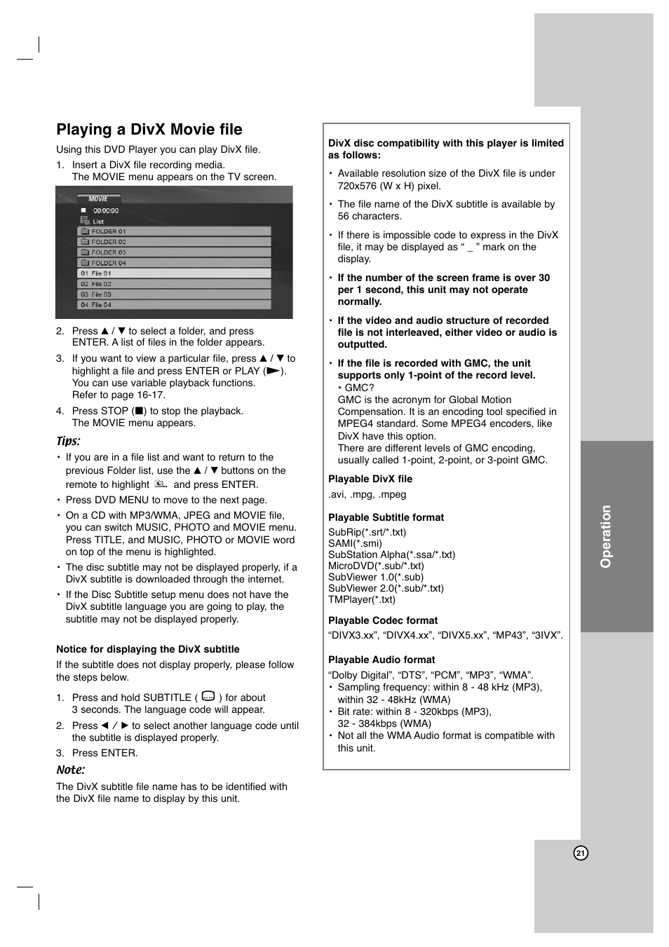 Playing a divx movie file, Operation | JVC XV-N650B User Manual | Page 21 / 28