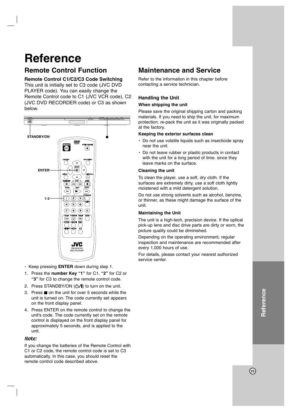 Remote control function, Maintenance and service, Reference | JVC XV-N650B User Manual | Page 23 / 28