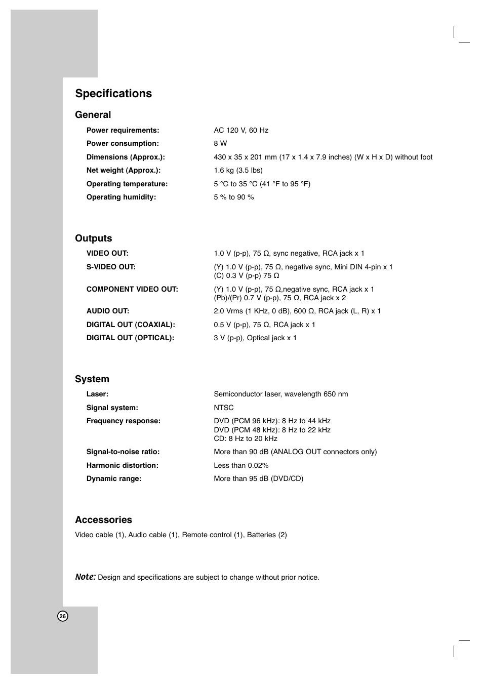 Specifications, General, Outputs | System, Accessories | JVC XV-N650B User Manual | Page 26 / 28