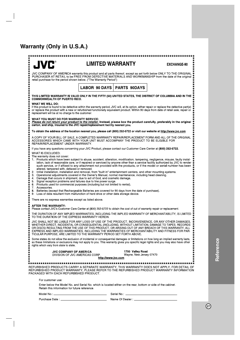 Warranty (only in u.s.a.) | JVC XV-N650B User Manual | Page 27 / 28