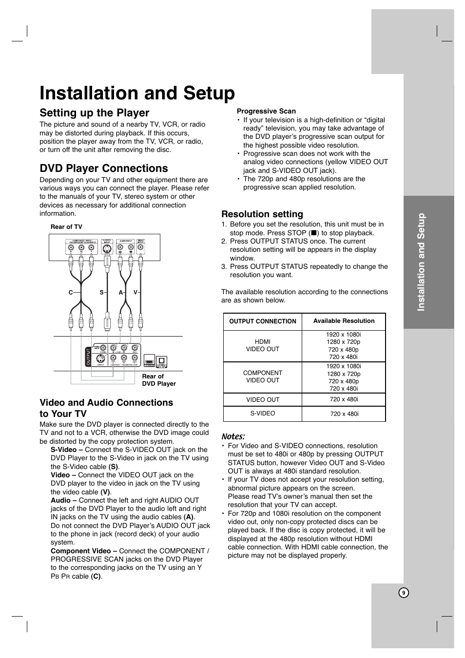 Setting up the player, Dvd player connections, Operation reference introduction | Installation and setup, Video and audio connections to your tv, Resolution setting | JVC XV-N650B User Manual | Page 9 / 28