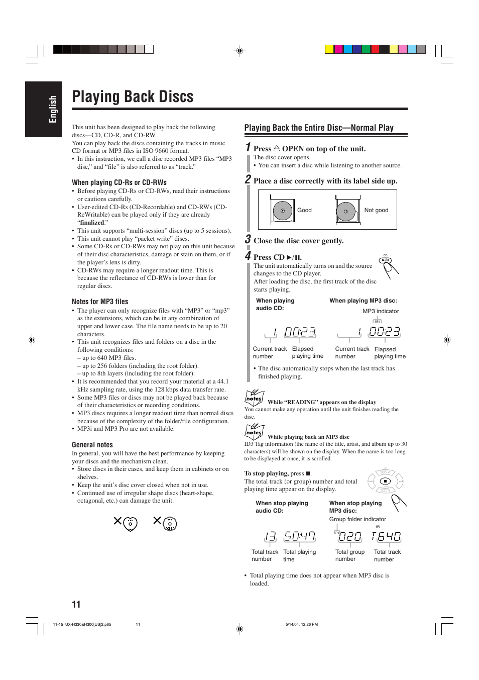 Playing back discs, 11 english, Playing back the entire disc—normal play | JVC UX-H300  EN ES User Manual | Page 14 / 86