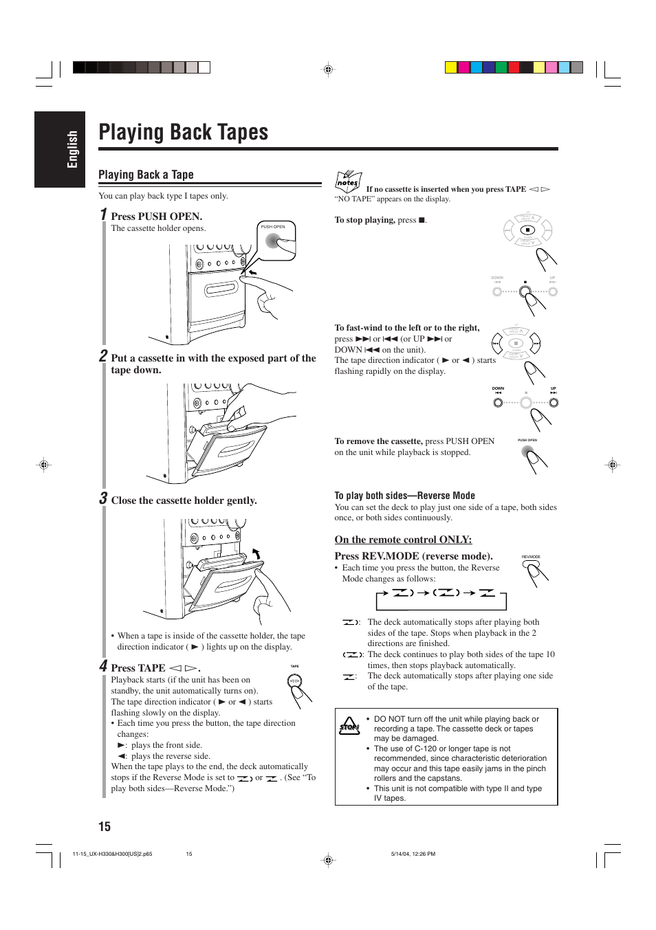 Playing back tapes, 15 english, Playing back a tape | Press push open, Close the cassette holder gently, Press tape | JVC UX-H300  EN ES User Manual | Page 18 / 86