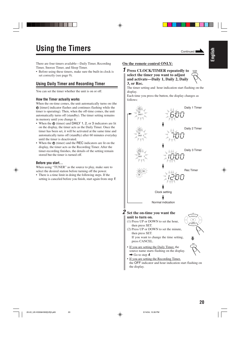 Using the timers, 20 english, Using daily timer and recording timer | JVC UX-H300  EN ES User Manual | Page 23 / 86
