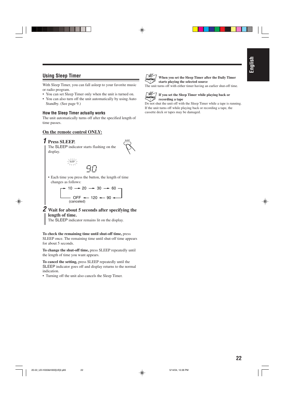 22 english, Using sleep timer | JVC UX-H300  EN ES User Manual | Page 25 / 86