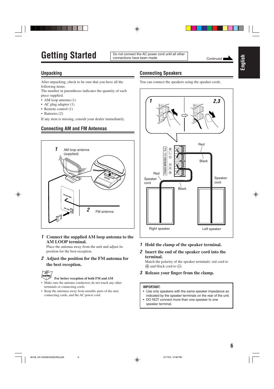 Getting started, 6english, Unpacking | Connecting am and fm antennas, Connecting speakers | JVC UX-H300  EN ES User Manual | Page 39 / 86