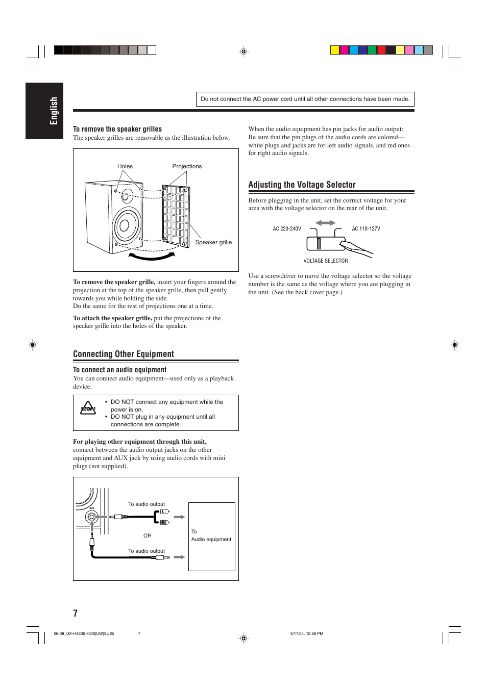 7english, Connecting other equipment, Adjusting the voltage selector | JVC UX-H300  EN ES User Manual | Page 40 / 86