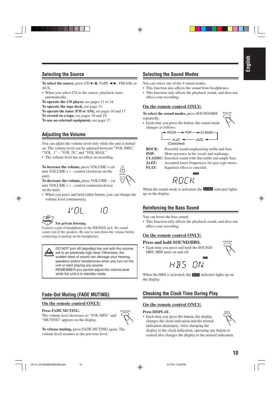 10 english, Selecting the source, Adjusting the volume | Fade-out muting (fade muting), Selecting the sound modes, Reinforcing the bass sound, Checking the clock time during play | JVC UX-H300  EN ES User Manual | Page 43 / 86