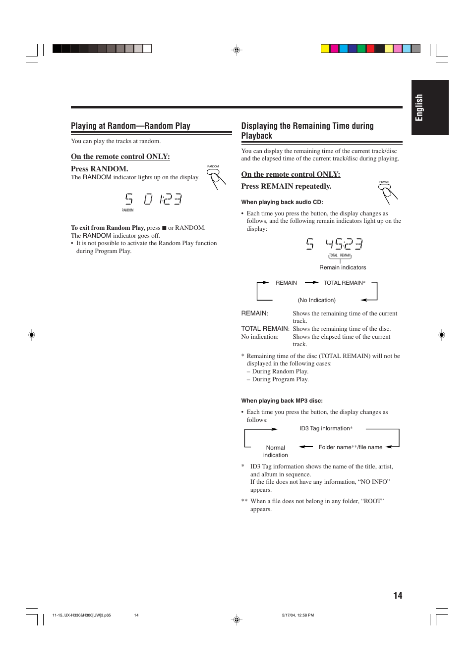 14 english, Displaying the remaining time during playback, Playing at random—random play | JVC UX-H300  EN ES User Manual | Page 47 / 86