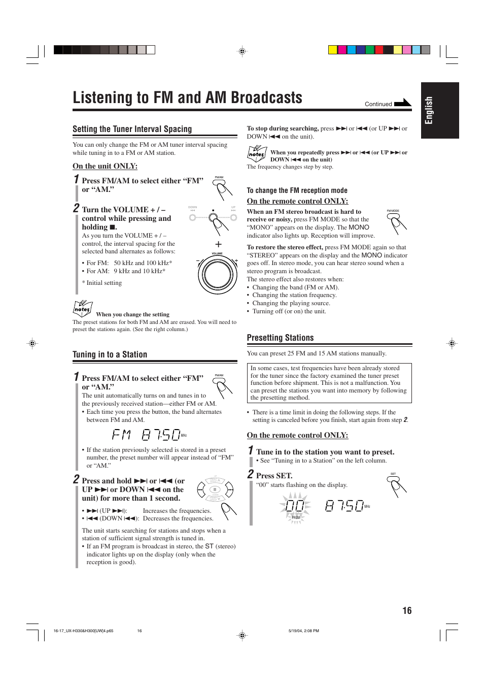 Listening to fm and am broadcasts, 16 english, Tuning in to a station | Setting the tuner interval spacing, Presetting stations | JVC UX-H300  EN ES User Manual | Page 49 / 86