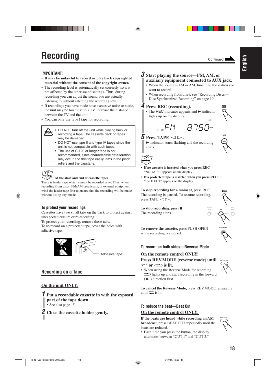 Recording, 18 english, Recording on a tape | JVC UX-H300  EN ES User Manual | Page 51 / 86
