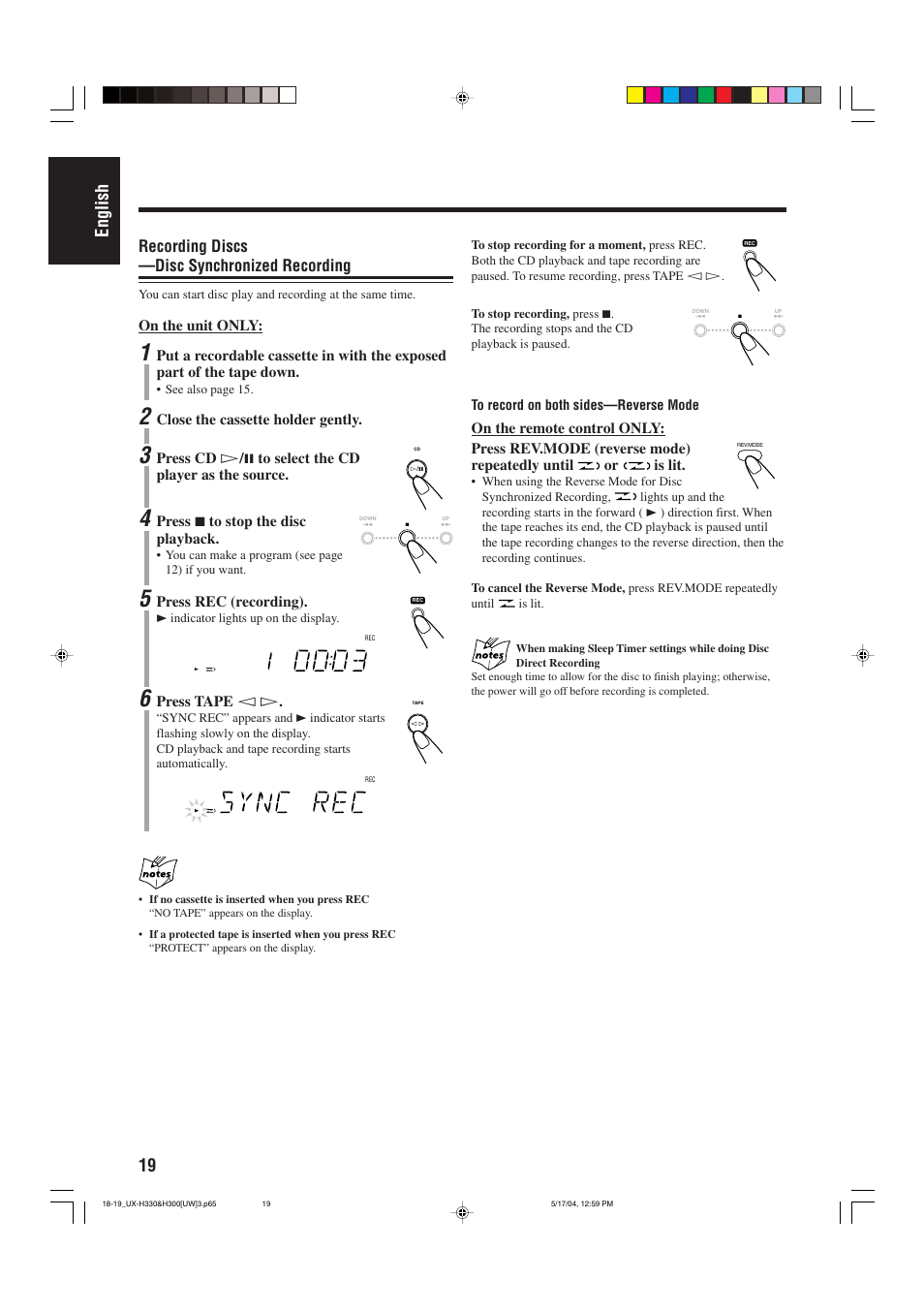 19 english, Recording discs —disc synchronized recording | JVC UX-H300  EN ES User Manual | Page 52 / 86