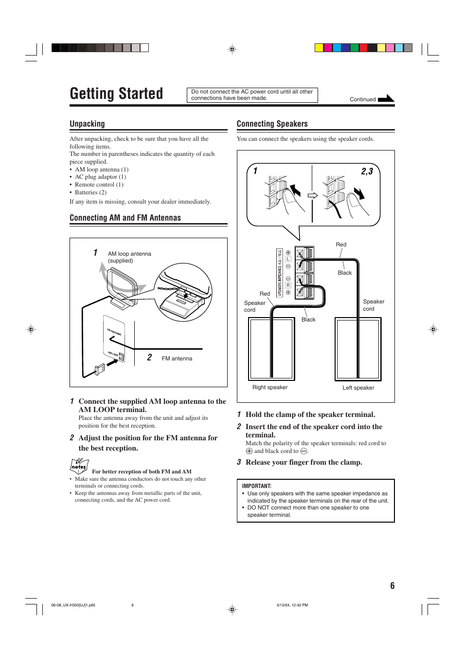 Getting started, Unpacking, Connecting am and fm antennas | Connecting speakers | JVC UX-H300  EN ES User Manual | Page 67 / 86