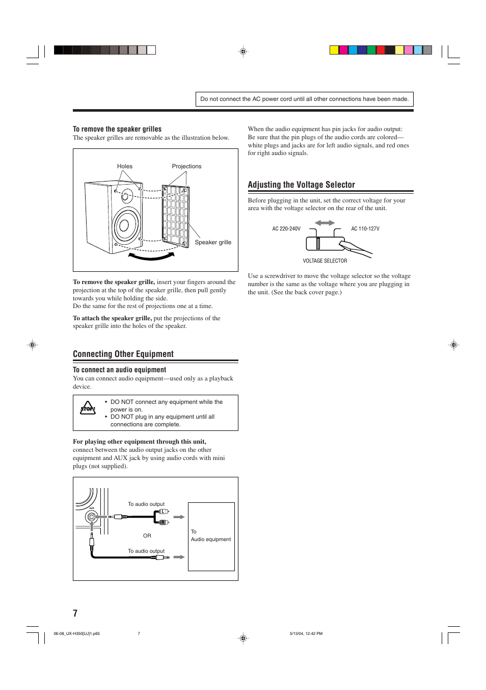 Connecting other equipment, Adjusting the voltage selector | JVC UX-H300  EN ES User Manual | Page 68 / 86