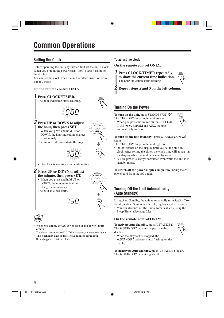 Common operations, Setting the clock, Turning on the power | Turning off the unit automatically (auto standby) | JVC UX-H300  EN ES User Manual | Page 70 / 86