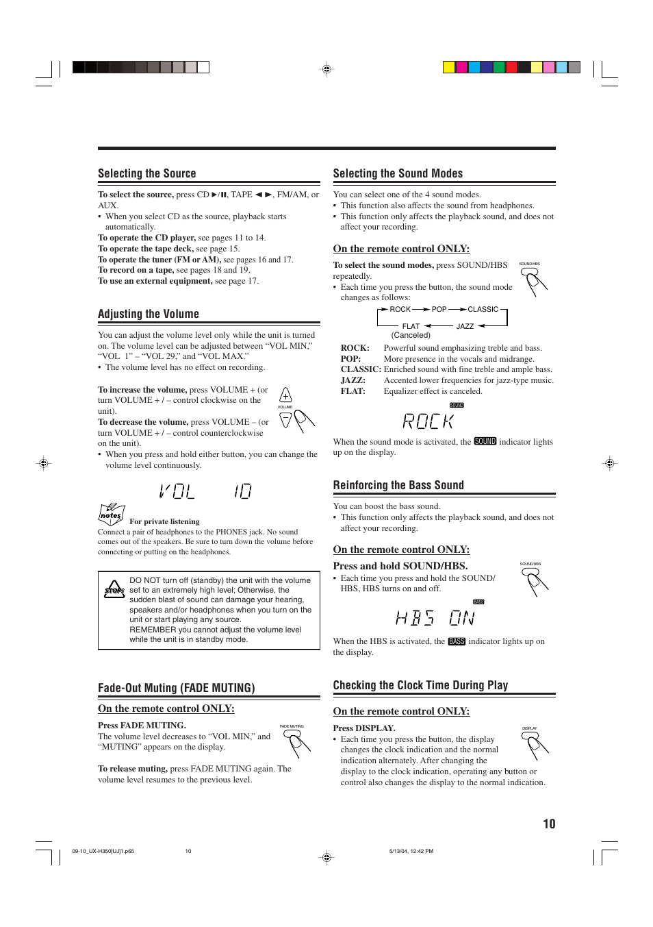 Selecting the source, Adjusting the volume, Fade-out muting (fade muting) | Selecting the sound modes, Reinforcing the bass sound, Checking the clock time during play | JVC UX-H300  EN ES User Manual | Page 71 / 86