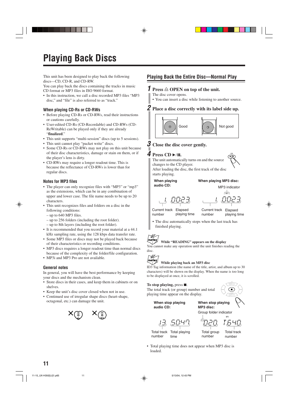 Playing back discs, Playing back the entire disc—normal play | JVC UX-H300  EN ES User Manual | Page 72 / 86