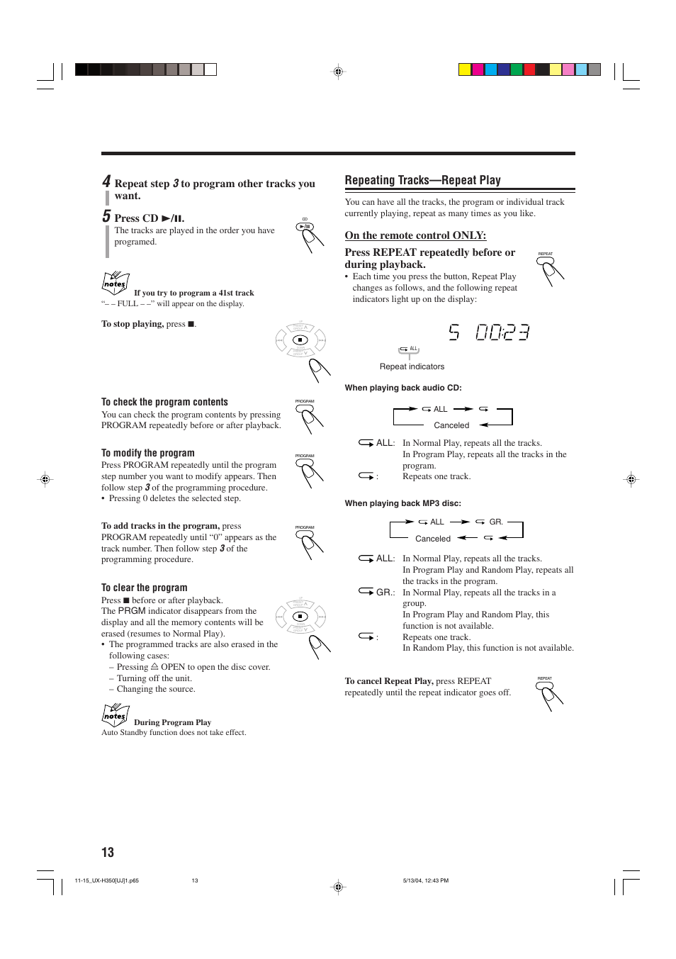 Repeating tracks—repeat play, Repeat step, Press cd 3 / 8 | JVC UX-H300  EN ES User Manual | Page 74 / 86