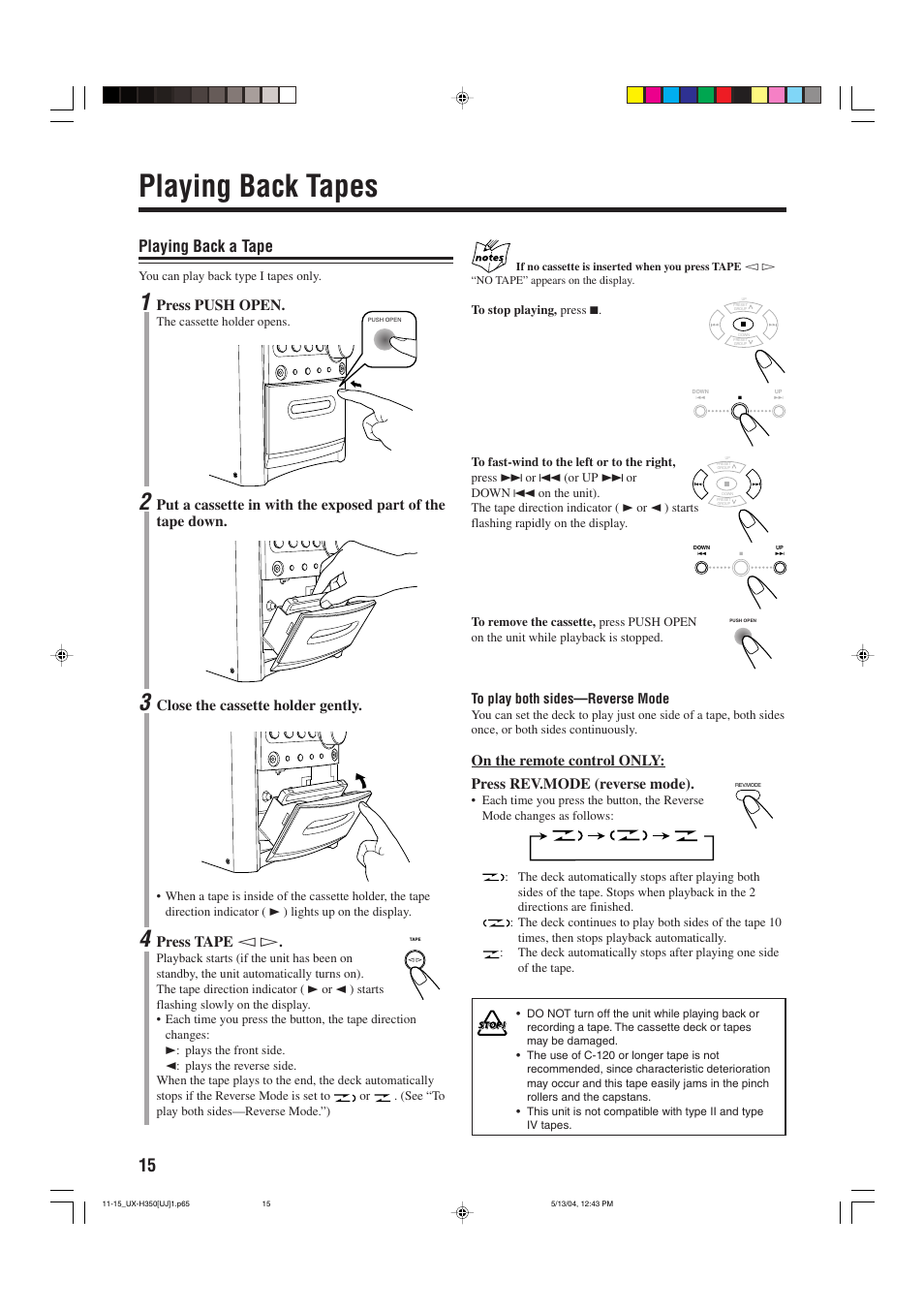 Playing back tapes, Playing back a tape, Press push open | Close the cassette holder gently, Press tape | JVC UX-H300  EN ES User Manual | Page 76 / 86
