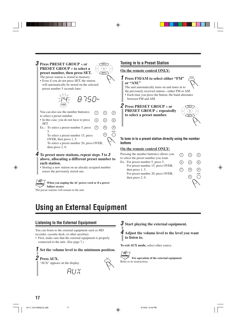 Using an external equipment, Listening to the external equipment, Tuning in to a preset station | Set the volume level to the minimum position, Press aux, Start playing the external equipment, On the remote control only, Press fm/am to select either “fm” or “am | JVC UX-H300 EN ES User Manual | Page 78 / 86