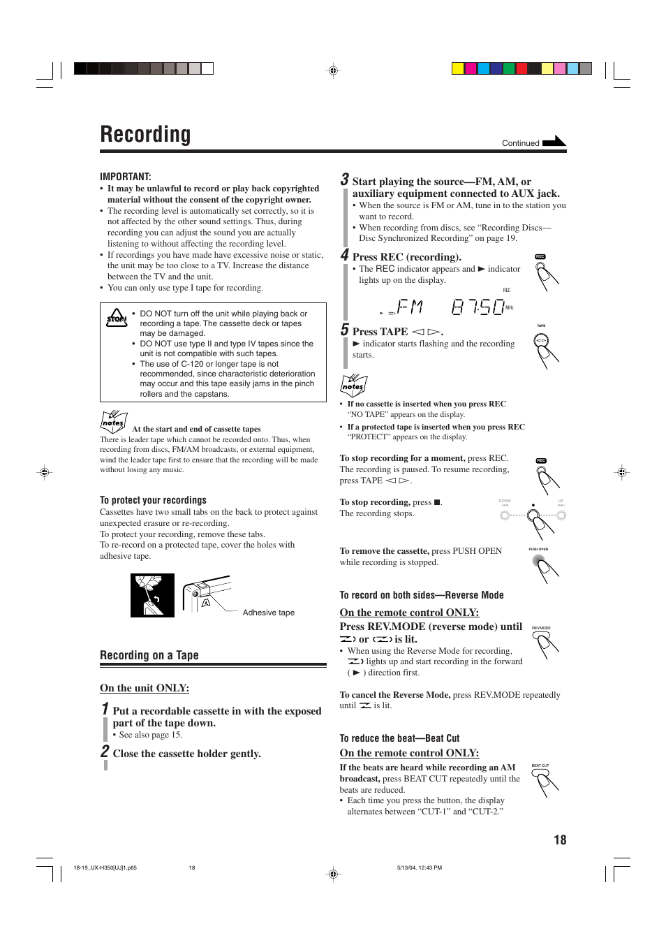 Recording, Recording on a tape | JVC UX-H300  EN ES User Manual | Page 79 / 86
