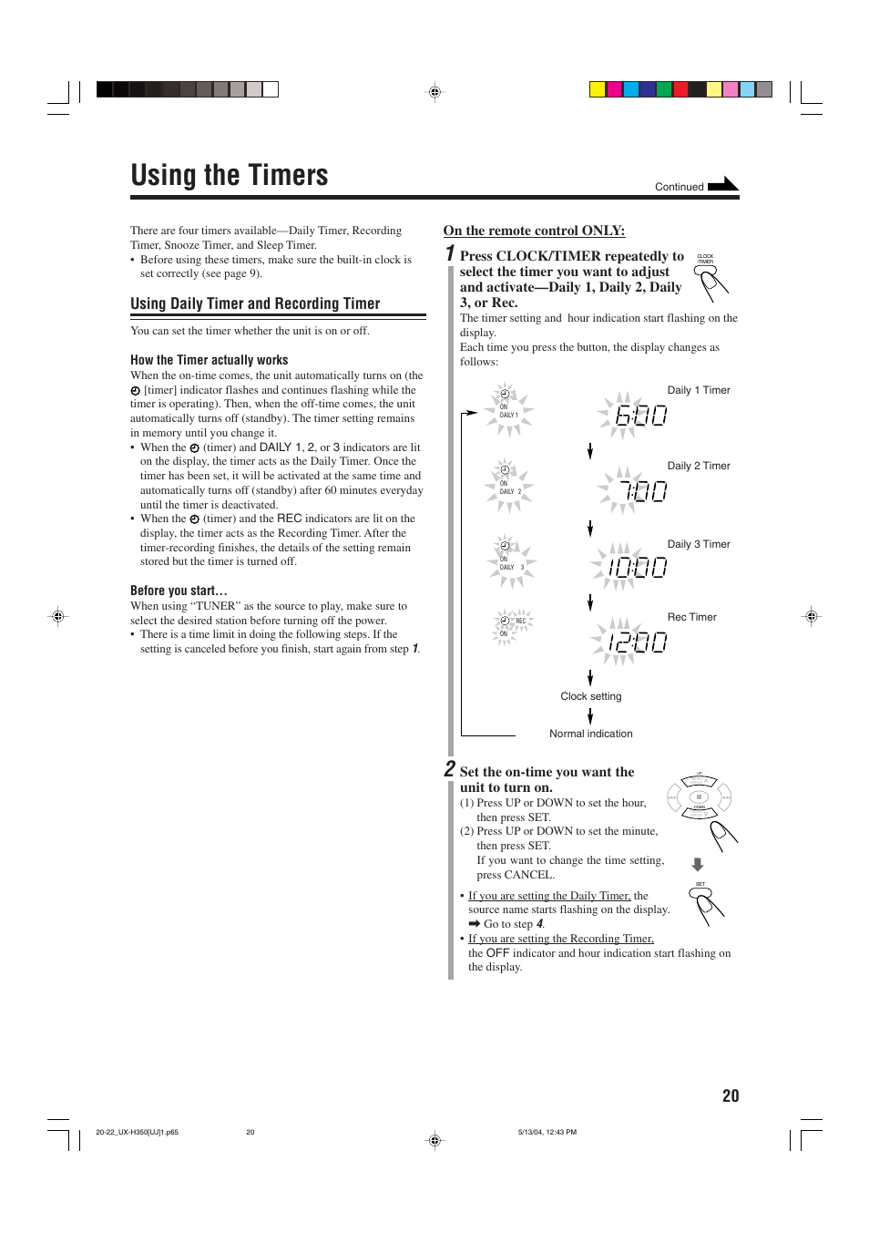 Using the timers, Using daily timer and recording timer, On the remote control only | Set the on-time you want the unit to turn on | JVC UX-H300  EN ES User Manual | Page 81 / 86