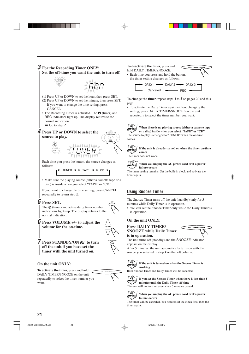 Using snooze timer | JVC UX-H300  EN ES User Manual | Page 82 / 86