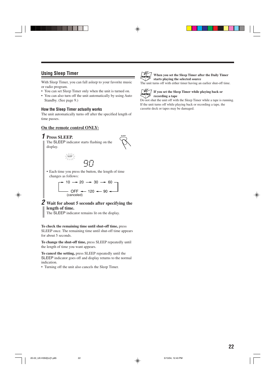 Using sleep timer | JVC UX-H300  EN ES User Manual | Page 83 / 86