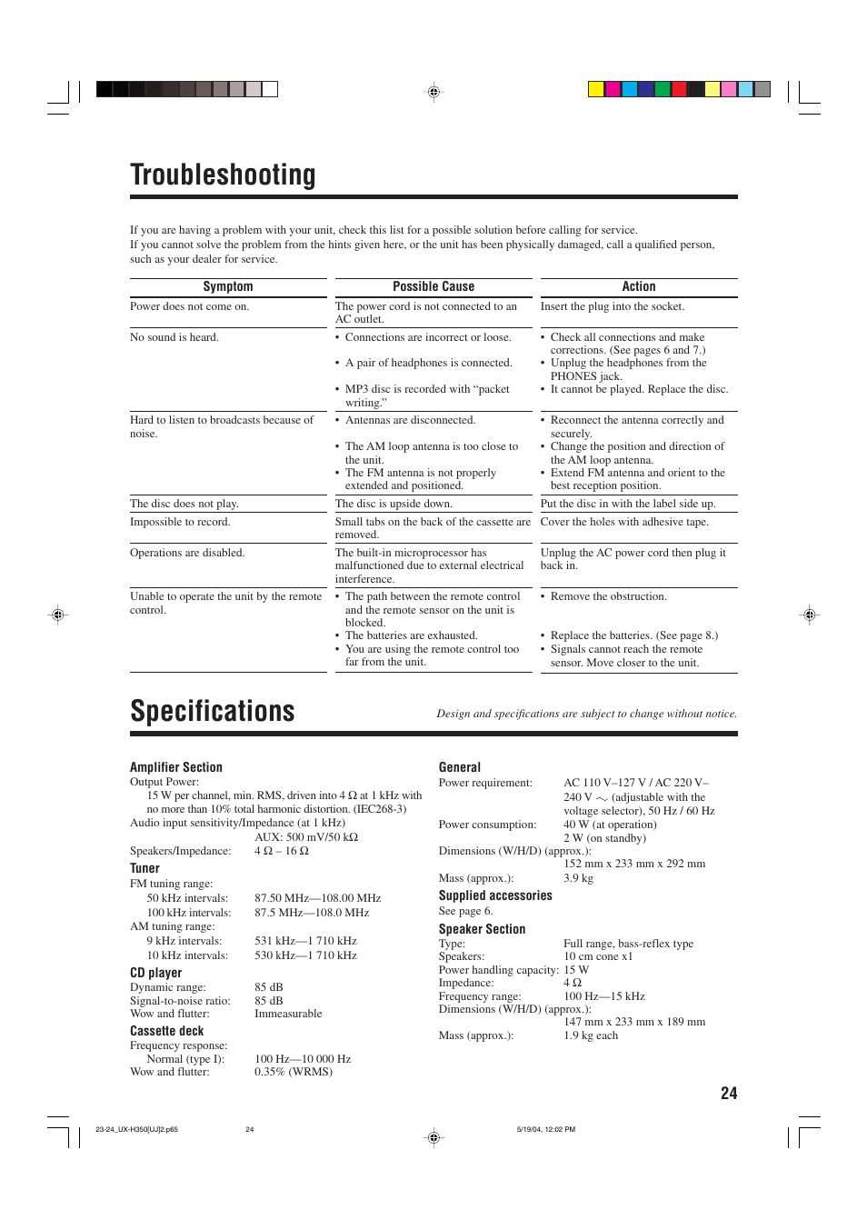Troubleshooting, Specifications | JVC UX-H300  EN ES User Manual | Page 85 / 86