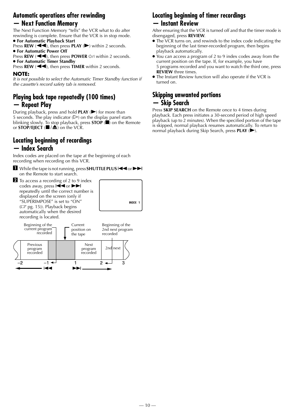 Locating beginning of recordings — index search, Skipping unwanted portions — skip search | JVC HR-3911U User Manual | Page 10 / 24