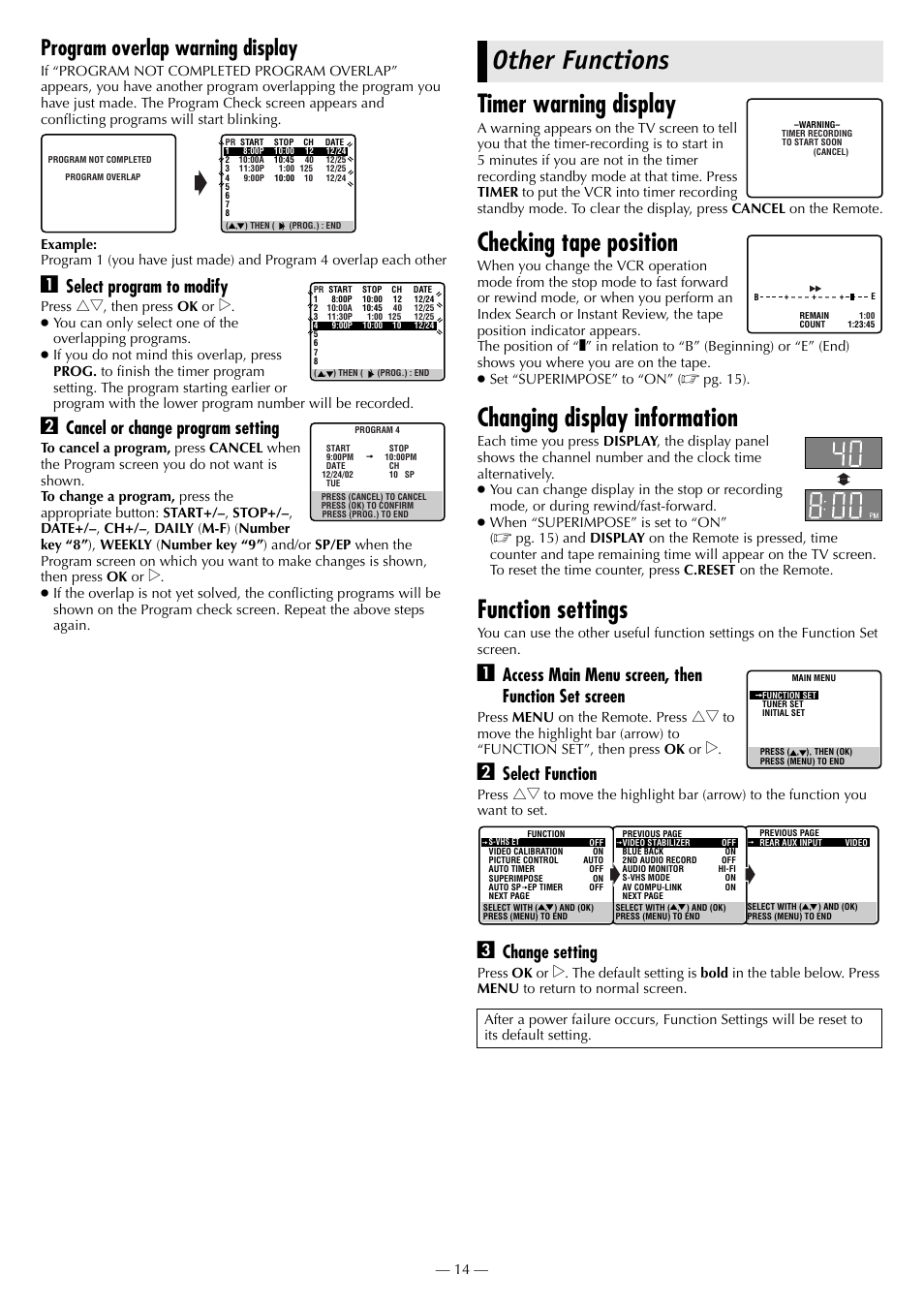 Other functions, Timer warning display, Checking tape position | Changing display information, Function settings, Program overlap warning display, Select program to modify, Cancel or change program setting, Access main menu screen, then function set screen, Select function | JVC HR-3911U User Manual | Page 14 / 24