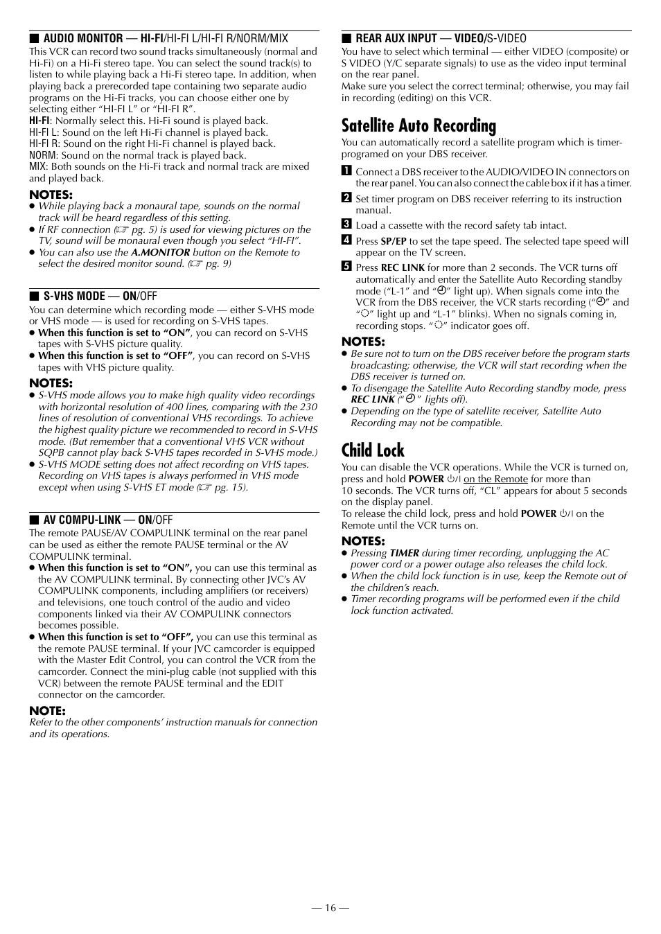 Satellite auto recording, Child lock | JVC HR-3911U User Manual | Page 16 / 24