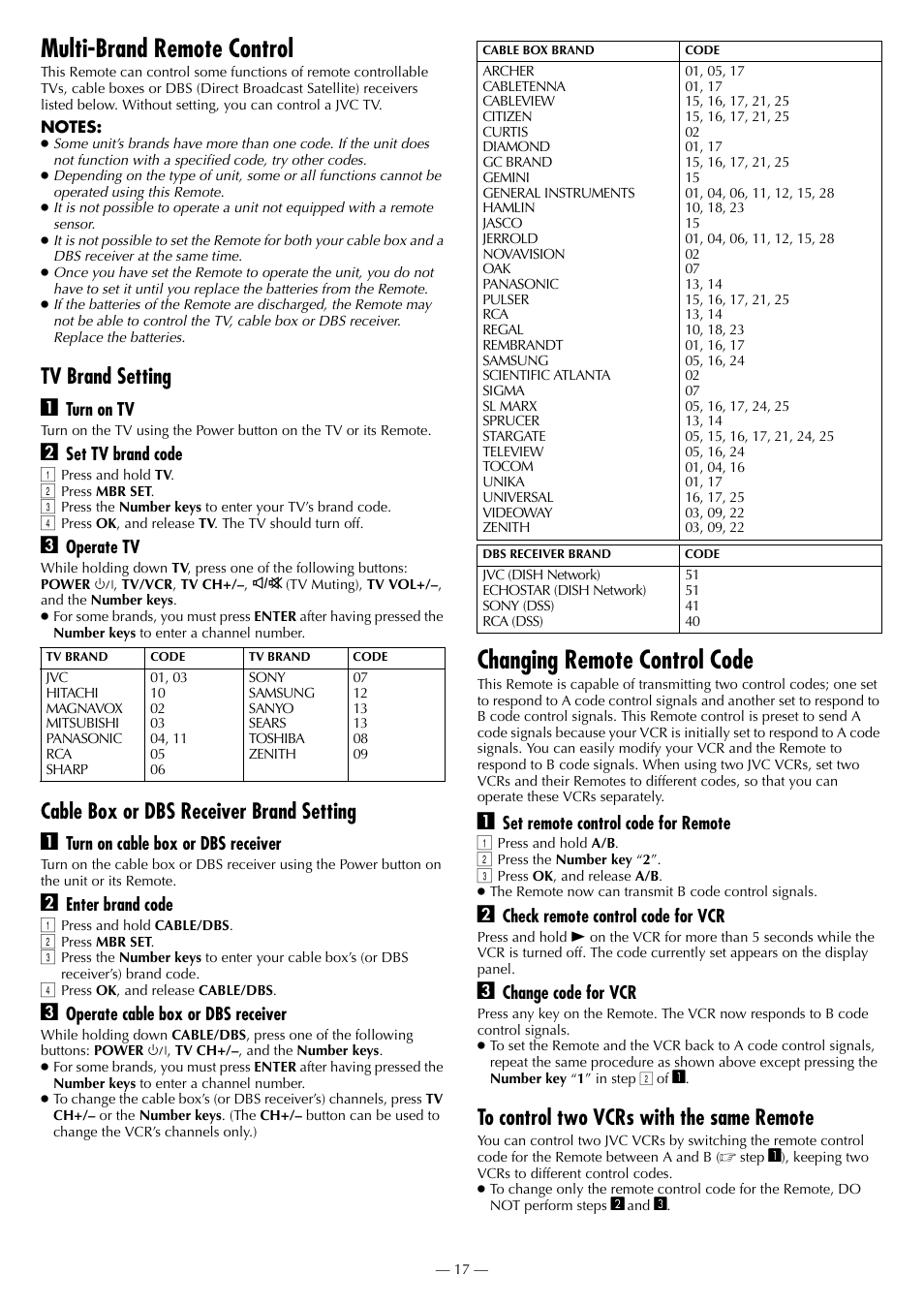 Multi-brand remote control, Changing remote control code, Tv brand setting a | Cable box or dbs receiver brand setting a | JVC HR-3911U User Manual | Page 17 / 24