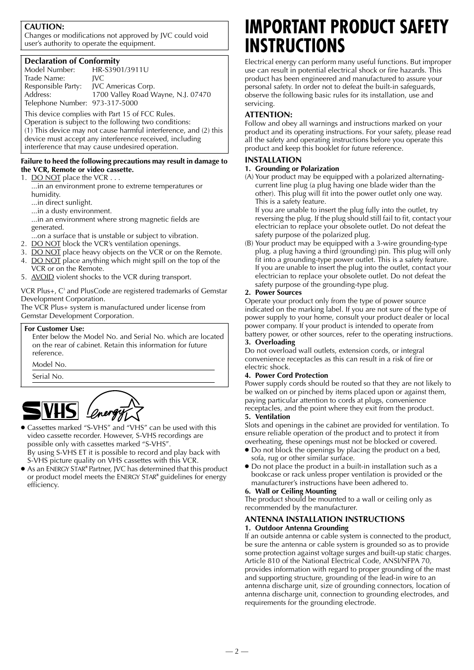 Important product safety instructions | JVC HR-3911U User Manual | Page 2 / 24
