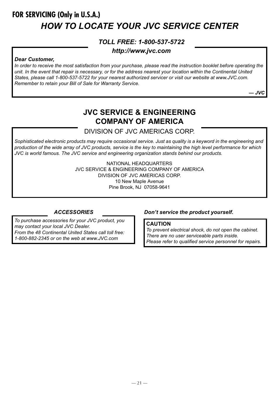For servicing (only in u.s.a.), 72// )5((  kwwszzzmyffrp | JVC HR-3911U User Manual | Page 21 / 24