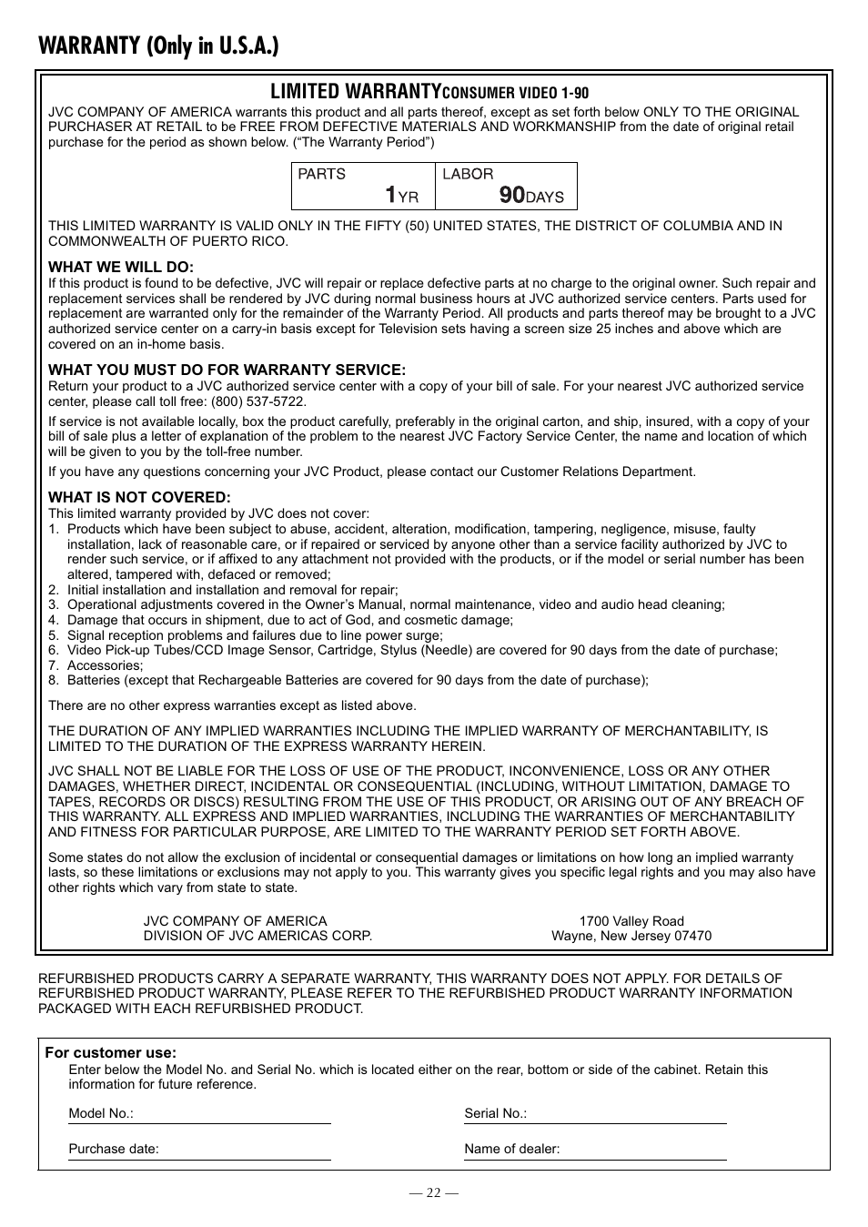 Warranty (only in u.s.a.), Limited warranty | JVC HR-3911U User Manual | Page 22 / 24