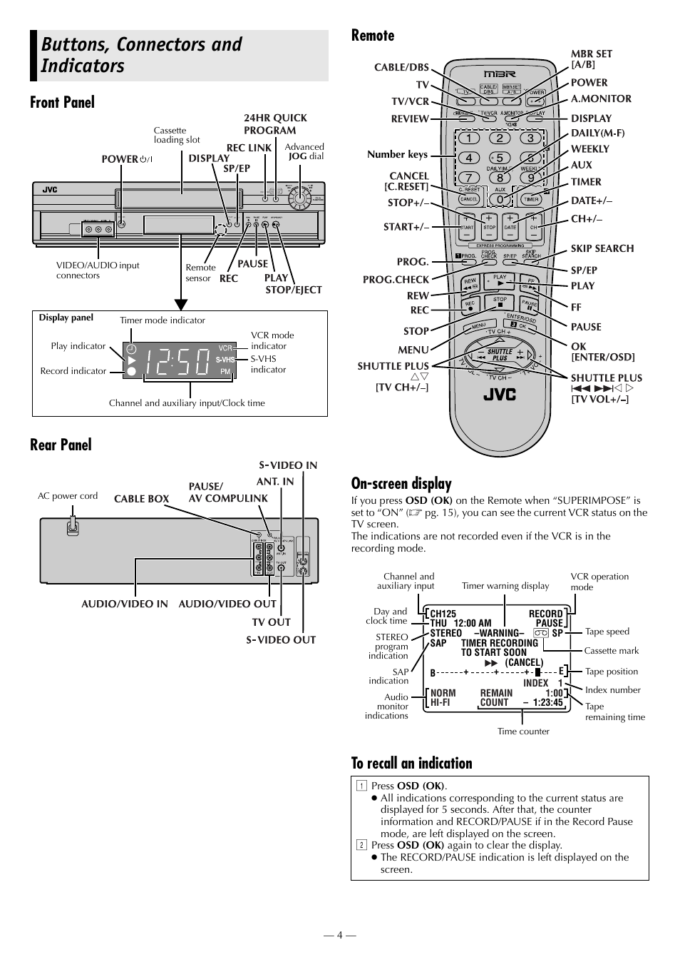Buttons, connectors and indicators, Front panel rear panel remote on-screen display | JVC HR-3911U User Manual | Page 4 / 24