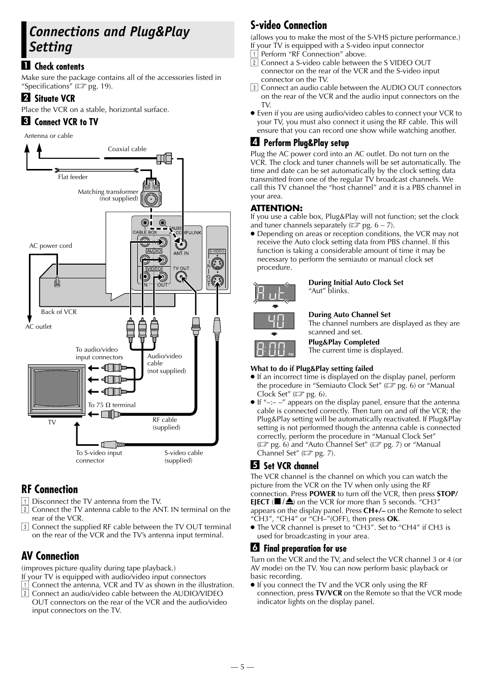 Connections and plug&play setting, Rf connection, Av connection | S-video connection | JVC HR-3911U User Manual | Page 5 / 24