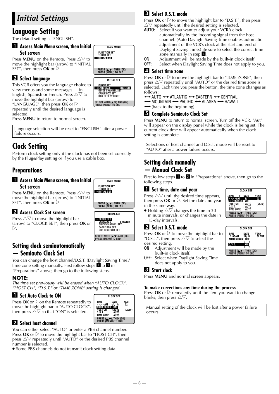 Initial settings, Language setting, Clock setting | Preparations a, Setting clock manually — manual clock set | JVC HR-3911U User Manual | Page 6 / 24